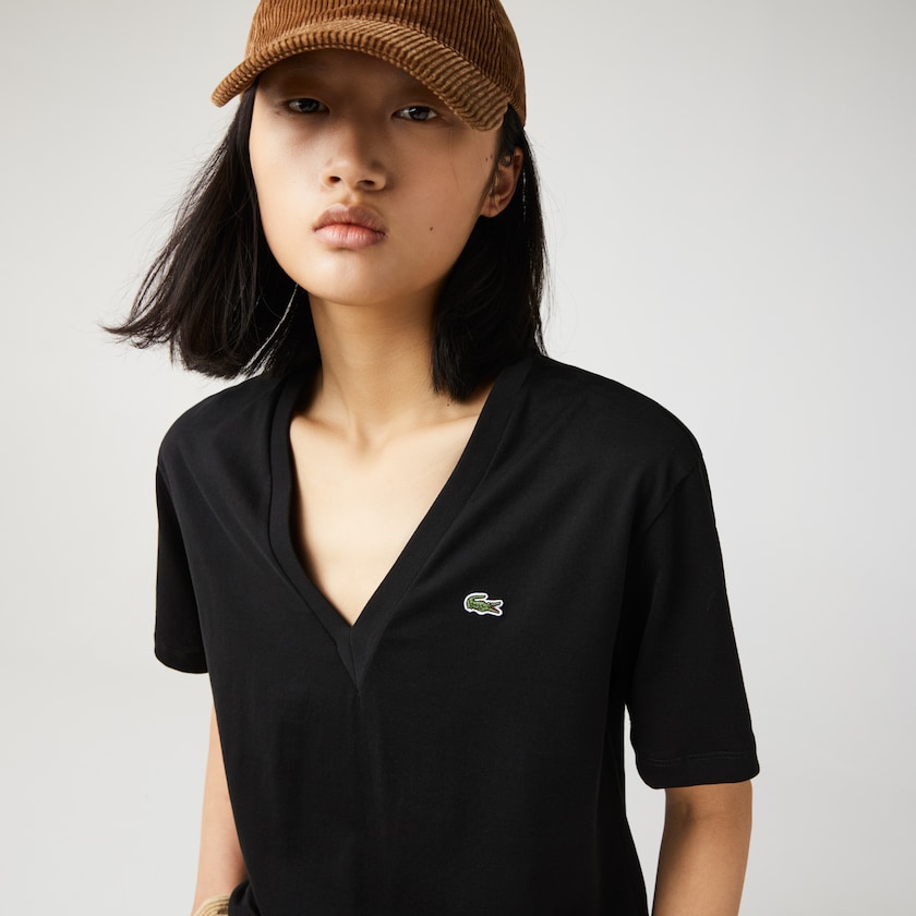 Women's Lacoste Black T Shirts V-Neck Premium Cotton NE4-66936I8