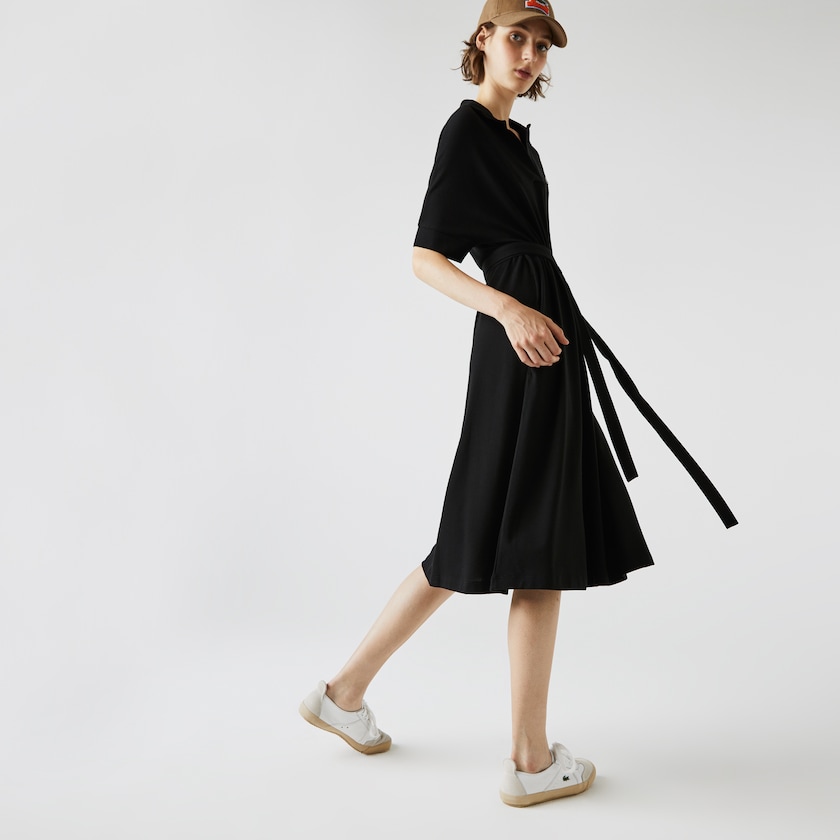 Women's Lacoste Black Polo Dress V-neck Fitted Flowy Piqué HT8-34293E6