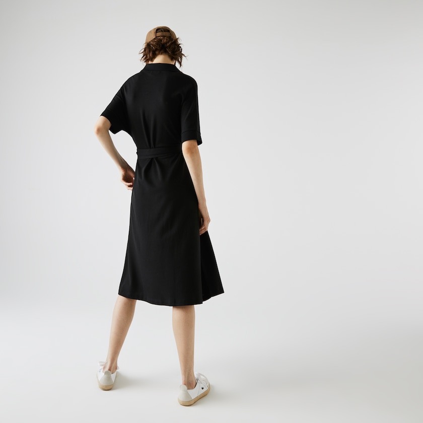 Women's Lacoste Black Polo Dress V-neck Fitted Flowy Piqué HT8-34293E6
