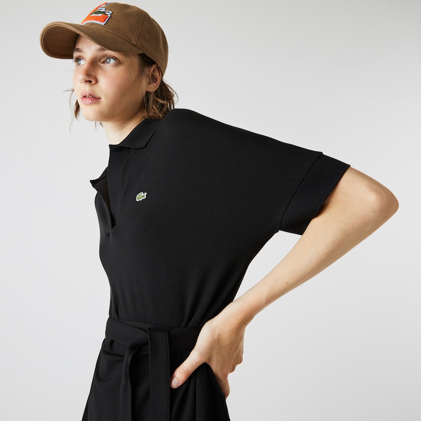 Women's Lacoste Black Polo Dress V-neck Fitted Flowy Piqué HT8-34293E6