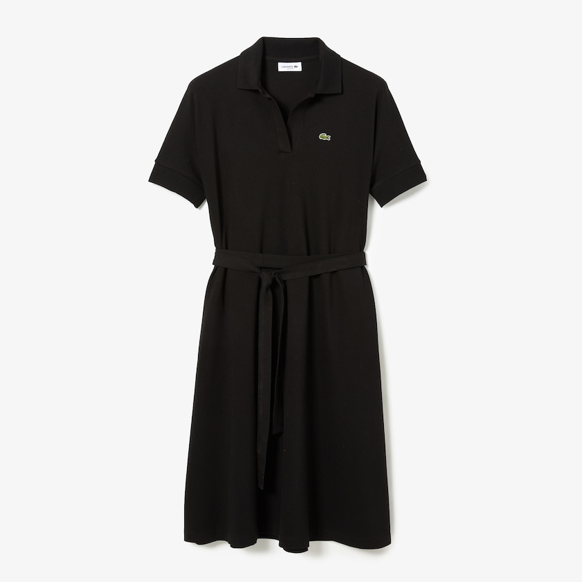 Women's Lacoste Black Polo Dress V-neck Fitted Flowy Piqué HT8-34293E6