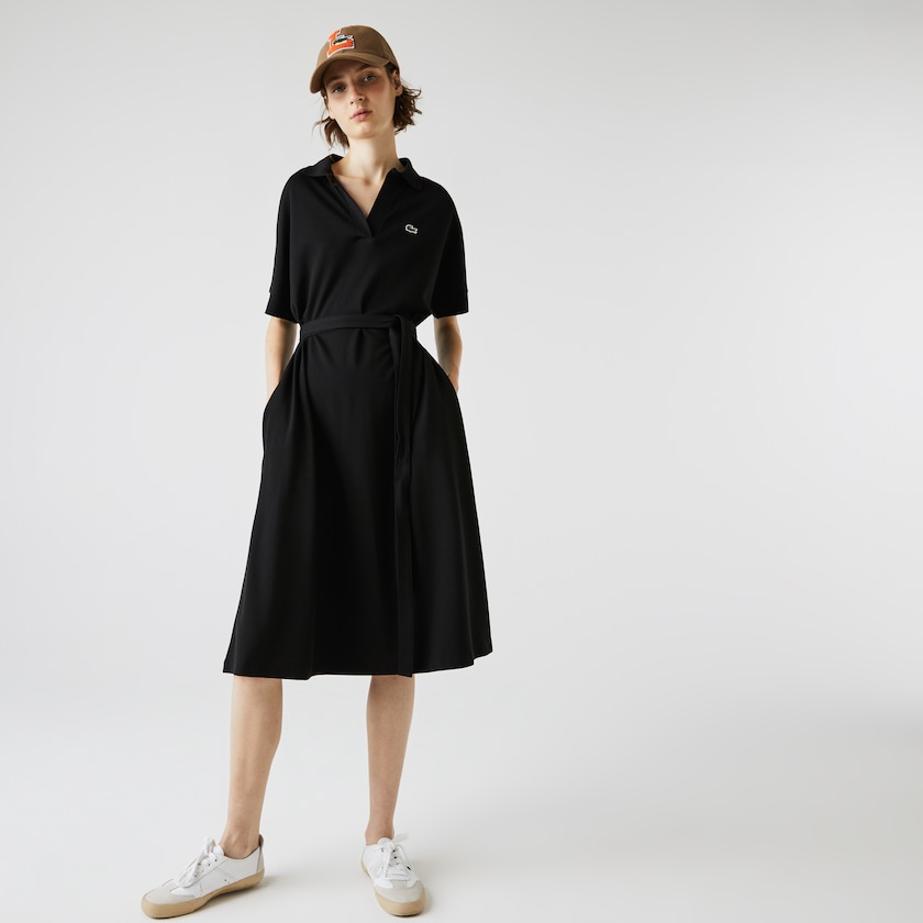 Women's Lacoste Black Polo Dress V-neck Fitted Flowy Piqué HT8-34293E6