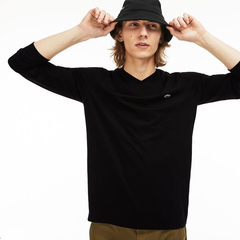 Men's Lacoste Black T Shirts V-neck Soft Cotton SY4-08410H4
