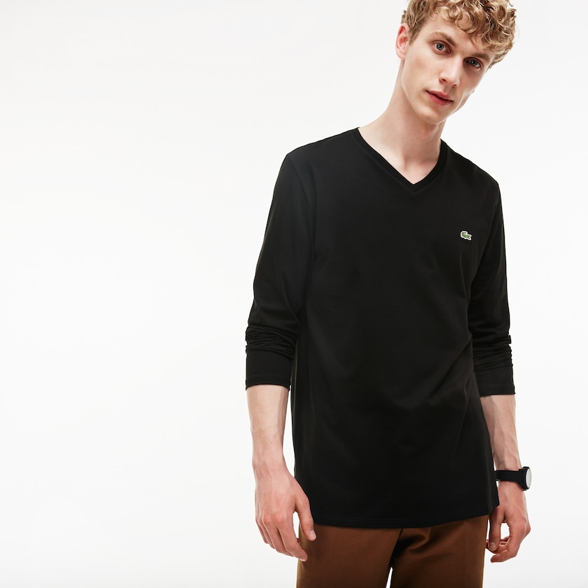 Men's Lacoste Black T Shirts V-neck Soft Cotton SY4-08410H4