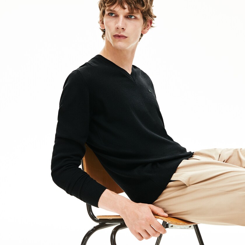 Men's Lacoste Black Sweaters V-neck Wool Jersey AM6-05400F9