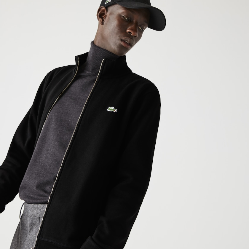 Men's Lacoste Black Jackets Zippered Stand-Up Collar Piqué Fleece DG2-96889D8