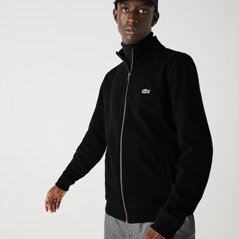 Men's Lacoste Black Jackets Zippered Stand-Up Collar Piqué Fleece DG2-96889D8
