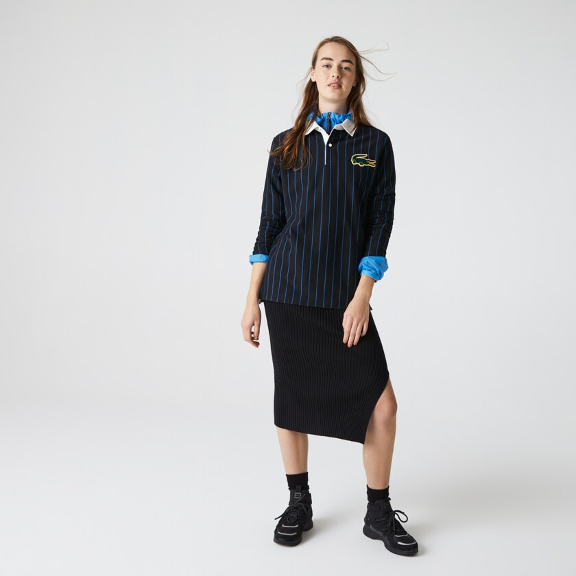 Men's Lacoste Black / Blue Shirts LIVE Striped Cotton Polo UW7-56135L3