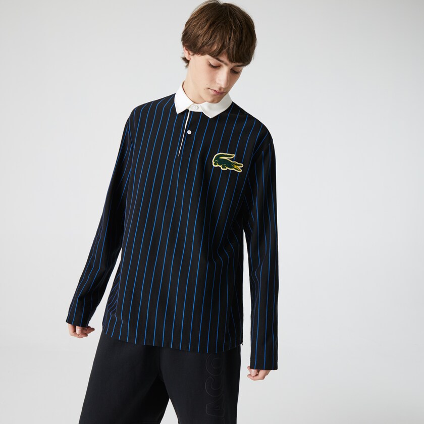 Men's Lacoste Black / Blue Shirts LIVE Striped Cotton Polo UW7-56135L3