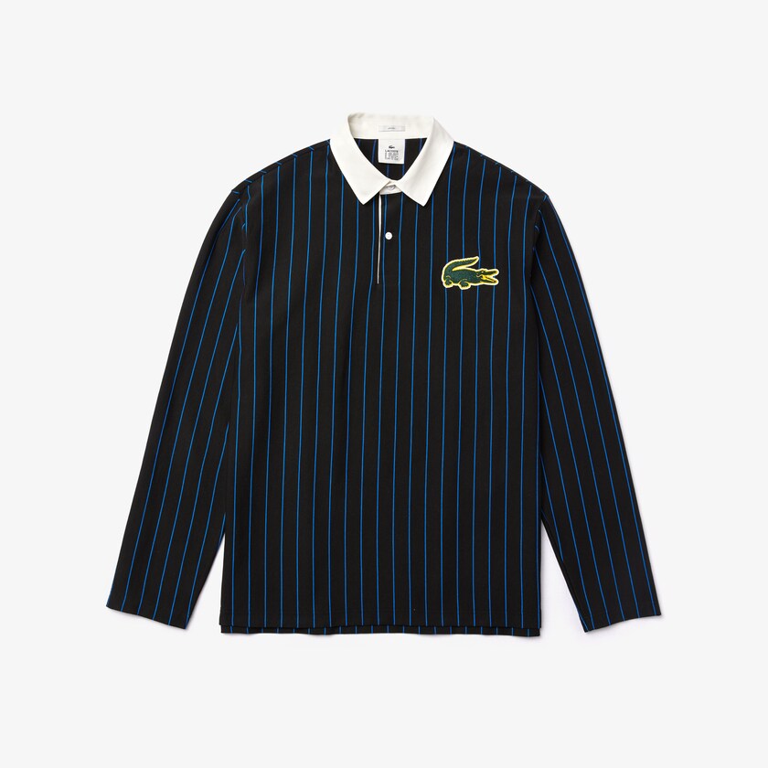 Men's Lacoste Black / Blue Shirts LIVE Striped Cotton Polo UW7-56135L3