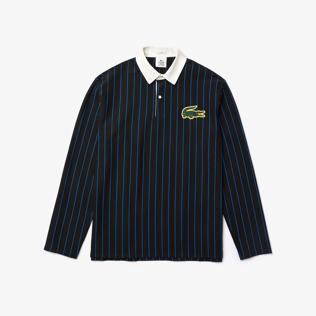 Men's Lacoste Black / Blue Polo Shirts LIVE Striped Cotton EI3-07450C4