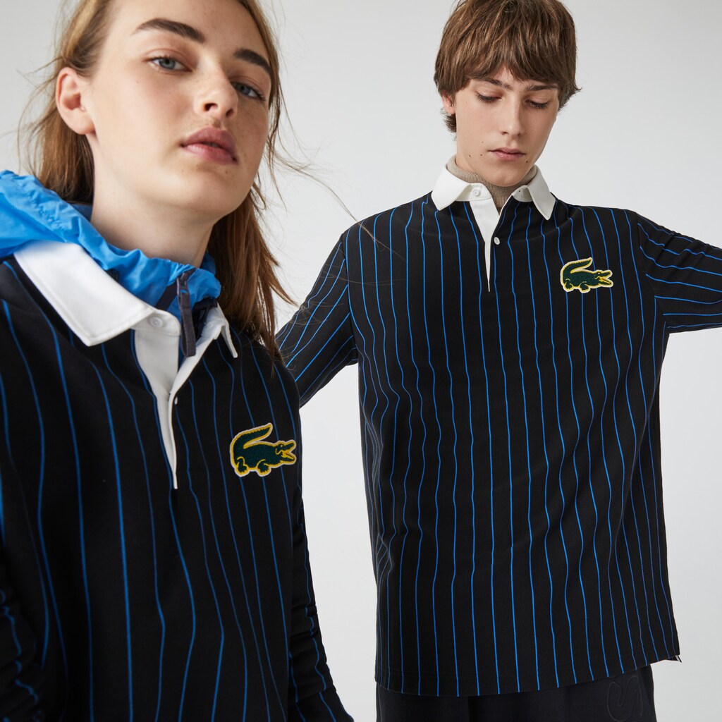 Men's Lacoste Black / Blue Polo Shirts LIVE Striped Cotton EI3-07450C4