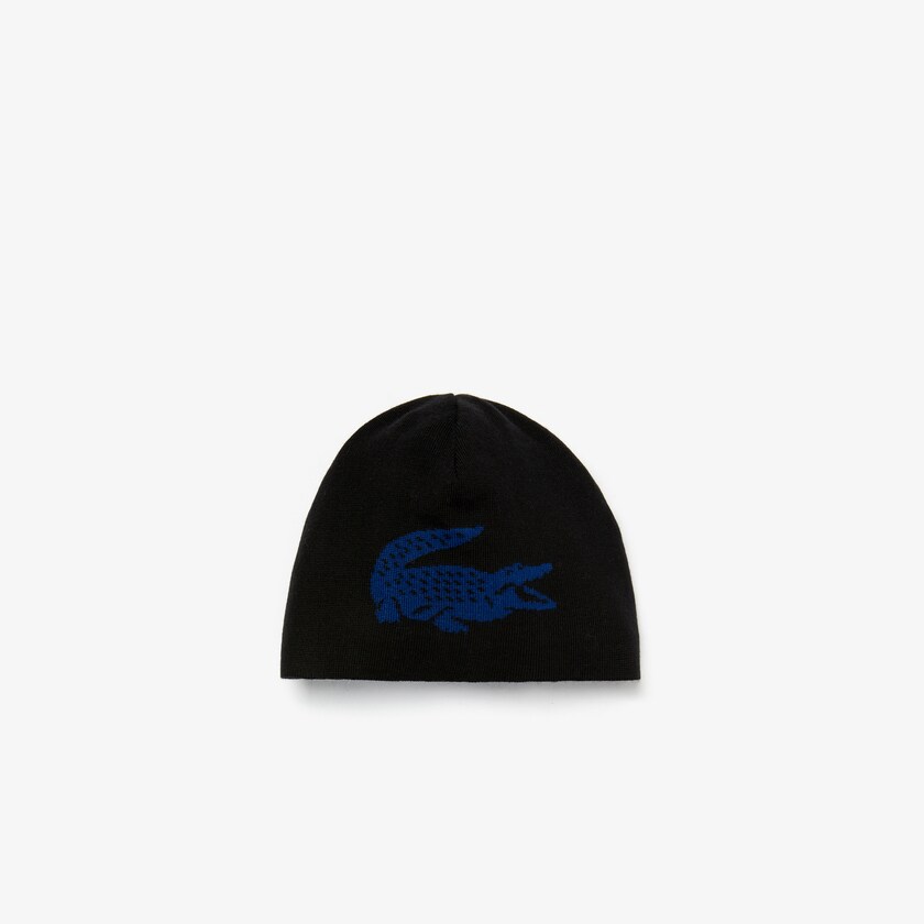 Men's Lacoste Black / Blue Caps Oversized Contrast Crocodile Reversible Wool Beanie ON6-77917V8