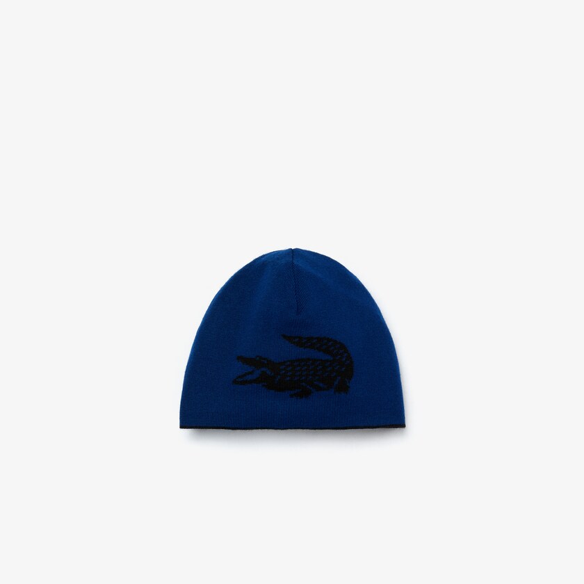 Men's Lacoste Black / Blue Caps Oversized Contrast Crocodile Reversible Wool Beanie ON6-77917V8