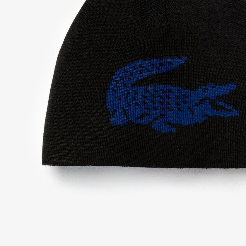 Men's Lacoste Black / Blue Caps Oversized Contrast Crocodile Reversible Wool Beanie ON6-77917V8