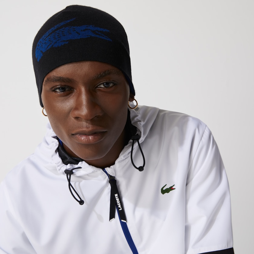 Men's Lacoste Black / Blue Caps Oversized Contrast Crocodile Reversible Wool Beanie ON6-77917V8