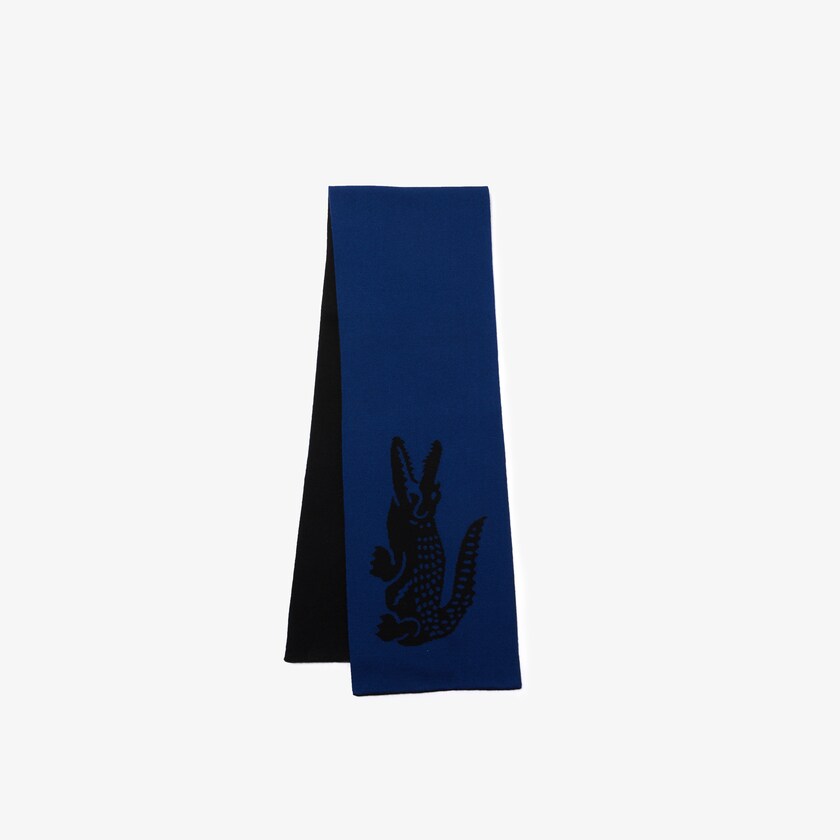 Men's Lacoste Black / Blue Scarves Oversized Crocodile Rectangular Wool JC9-98289K9