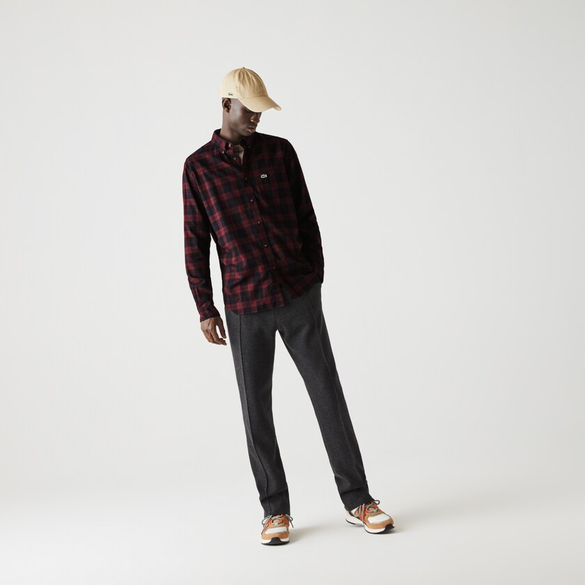 Men's Lacoste Black / Burgundy Shirts Regular Fit Cotton Twill Checkered SZ7-04240Q9