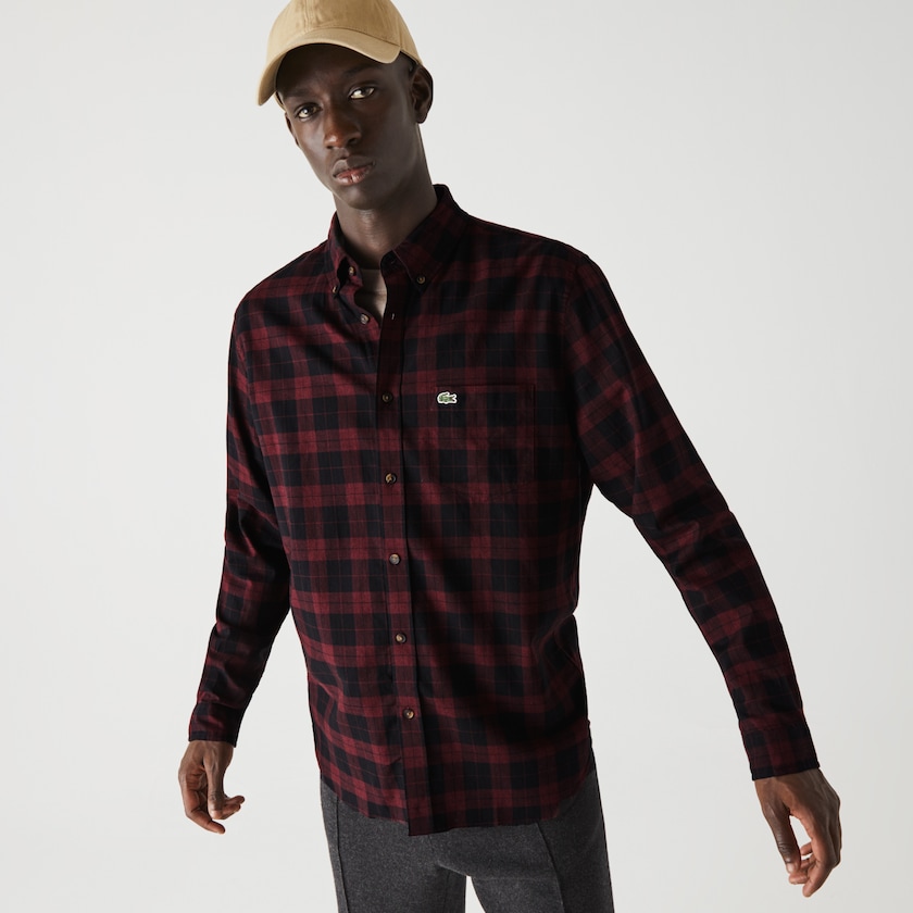 Men's Lacoste Black / Burgundy Shirts Regular Fit Cotton Twill Checkered SZ7-04240Q9