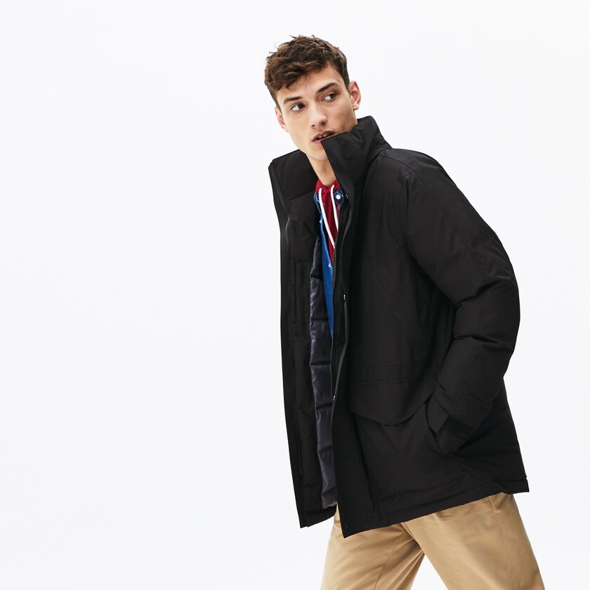 Men's Lacoste Black / Dark Grey Parka Jackets Detachable Faux Fur Hood Long Quilted TR9-66196H3