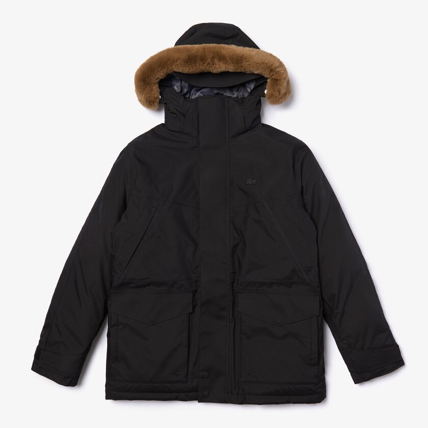 Men's Lacoste Black / Dark Grey Parka Jackets Detachable Faux Fur Hood Long Quilted TR9-66196H3