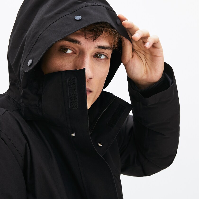 Men's Lacoste Black / Dark Grey Parka Jackets Detachable Faux Fur Hood Long Quilted TR9-66196H3