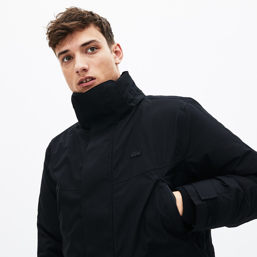 Men's Lacoste Black / Dark Grey Parka Jackets Detachable Faux Fur Hood Long Quilted TR9-66196H3
