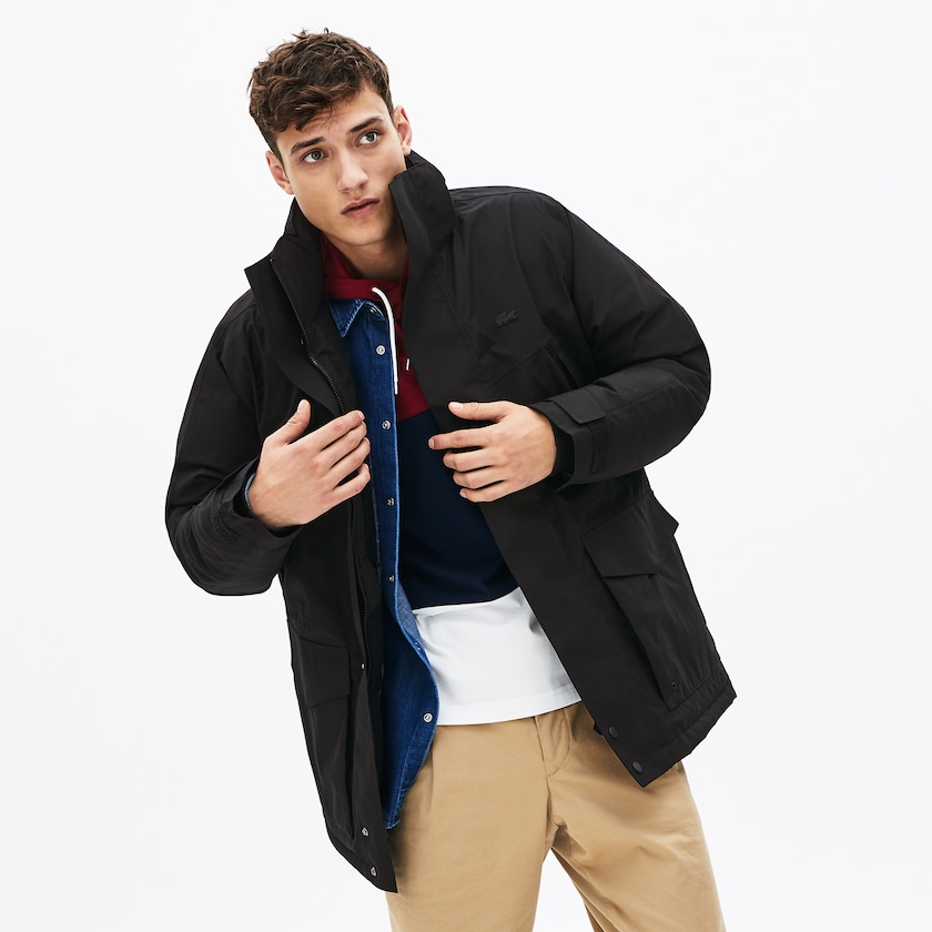 Men's Lacoste Black / Dark Grey Parka Jackets Detachable Faux Fur Hood Long Quilted TR9-66196H3