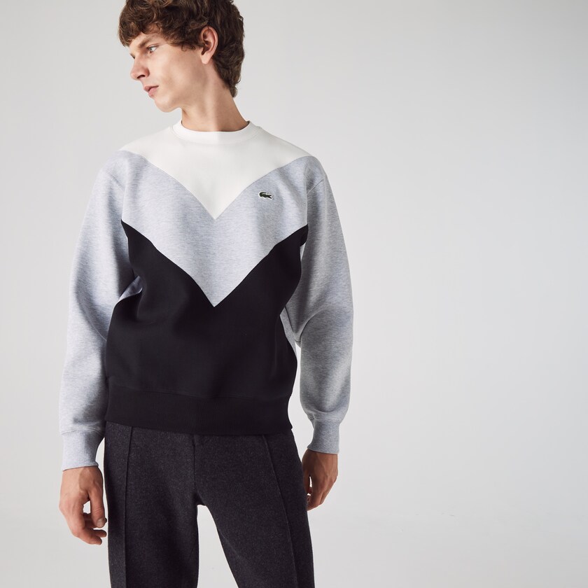 Men's Lacoste Black / Grey / White Sweatshirts Colorblock Cotton Blend Crew Neck ZR8-16921Q8