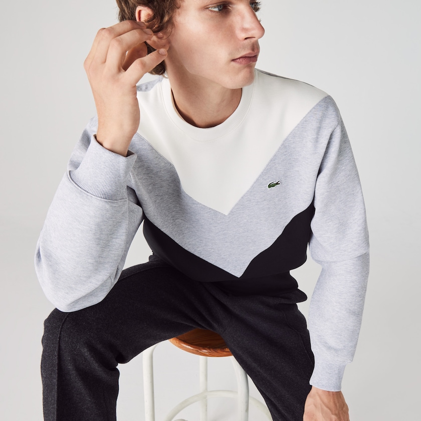Men's Lacoste Black / Grey / White Sweatshirts Colorblock Cotton Blend Crew Neck ZR8-16921Q8