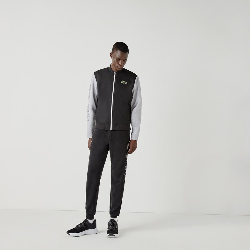 Men's Lacoste Black / Grey / White Jackets SPORT Two-Tone Print Fleece Zip Teddy NF6-77197Y5