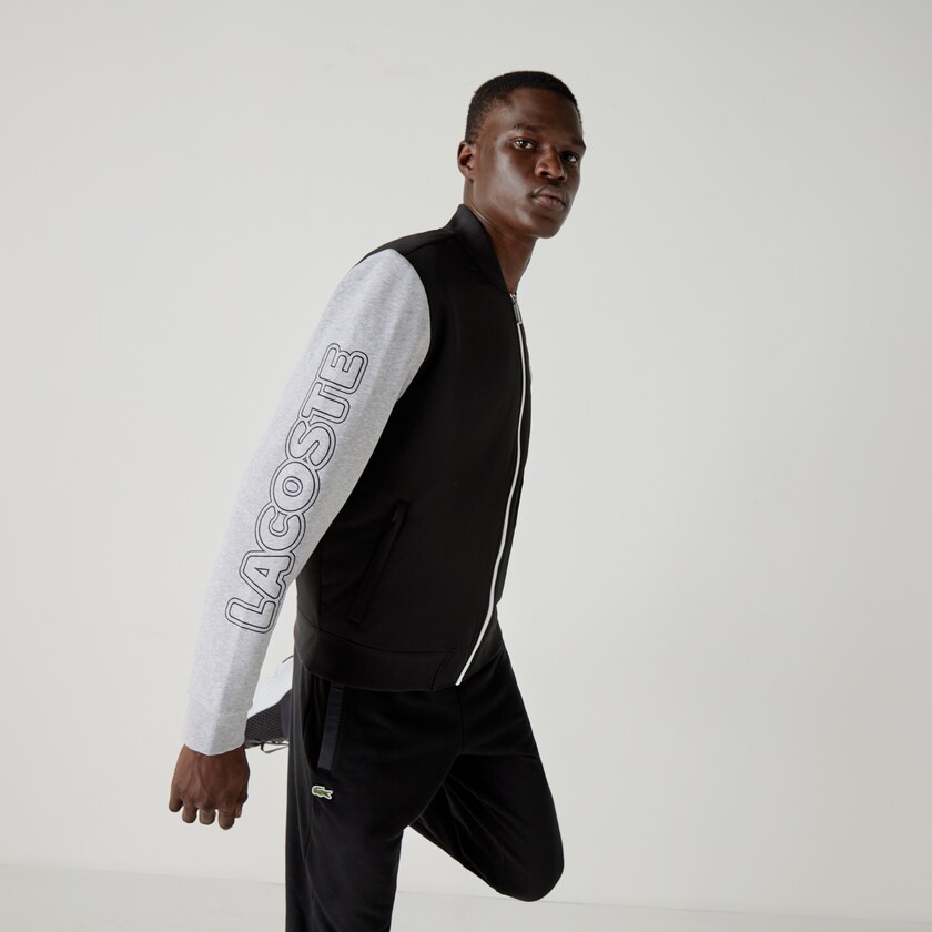 Men's Lacoste Black / Grey / White Jackets SPORT Two-Tone Print Fleece Zip Teddy NF6-77197Y5