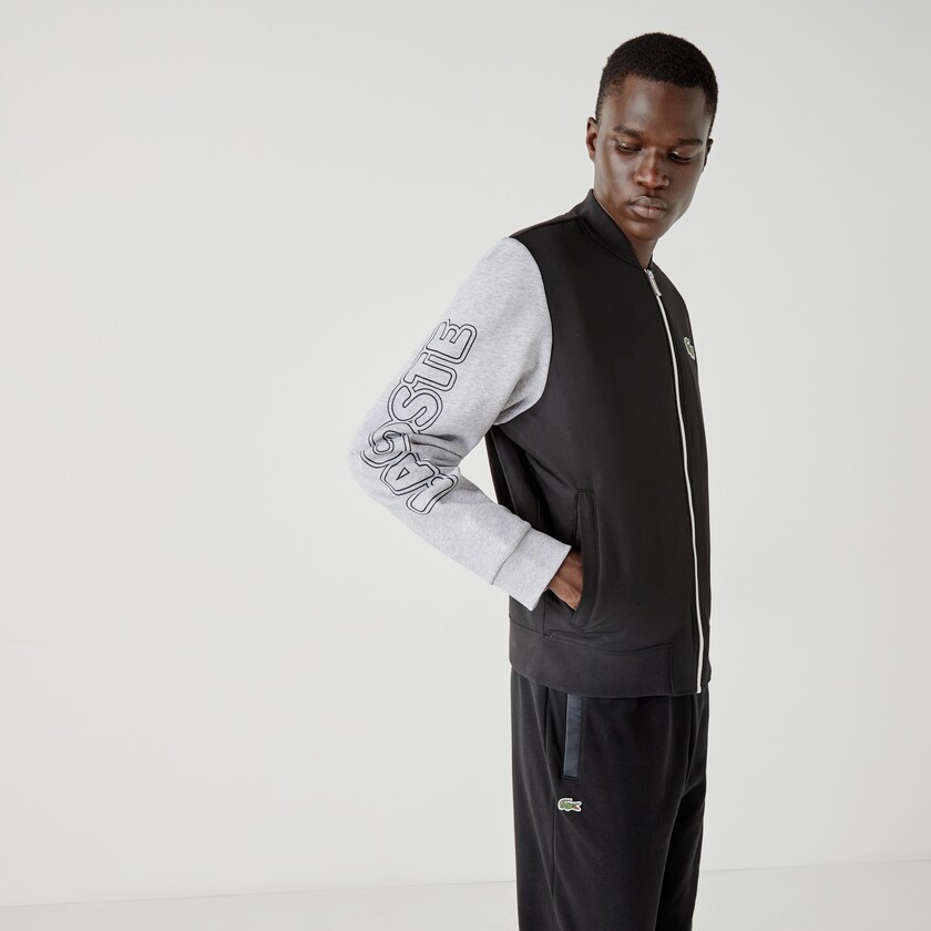 Men's Lacoste Black / Grey / White Jackets SPORT Two-Tone Print Fleece Zip Teddy NF6-77197Y5