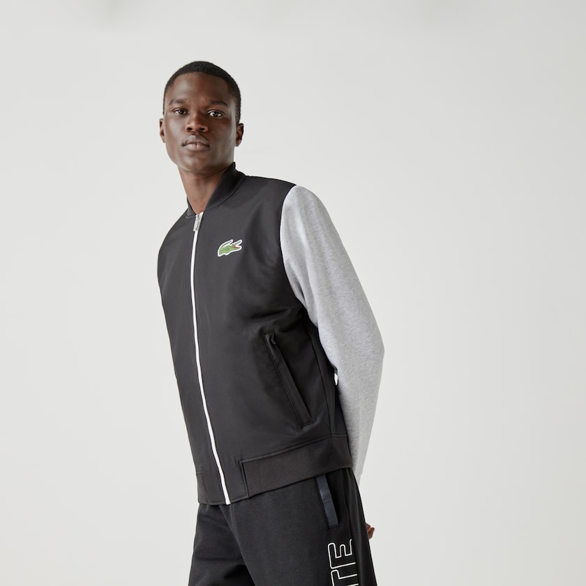 Men's Lacoste Black / Grey / White Jackets SPORT Two-Tone Print Fleece Zip Teddy NF6-77197Y5