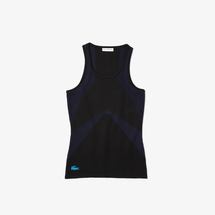 Women's Lacoste Black / Navy Blue T Shirts SPORT Ergonomic Knit Tank Top QR0-88548D8
