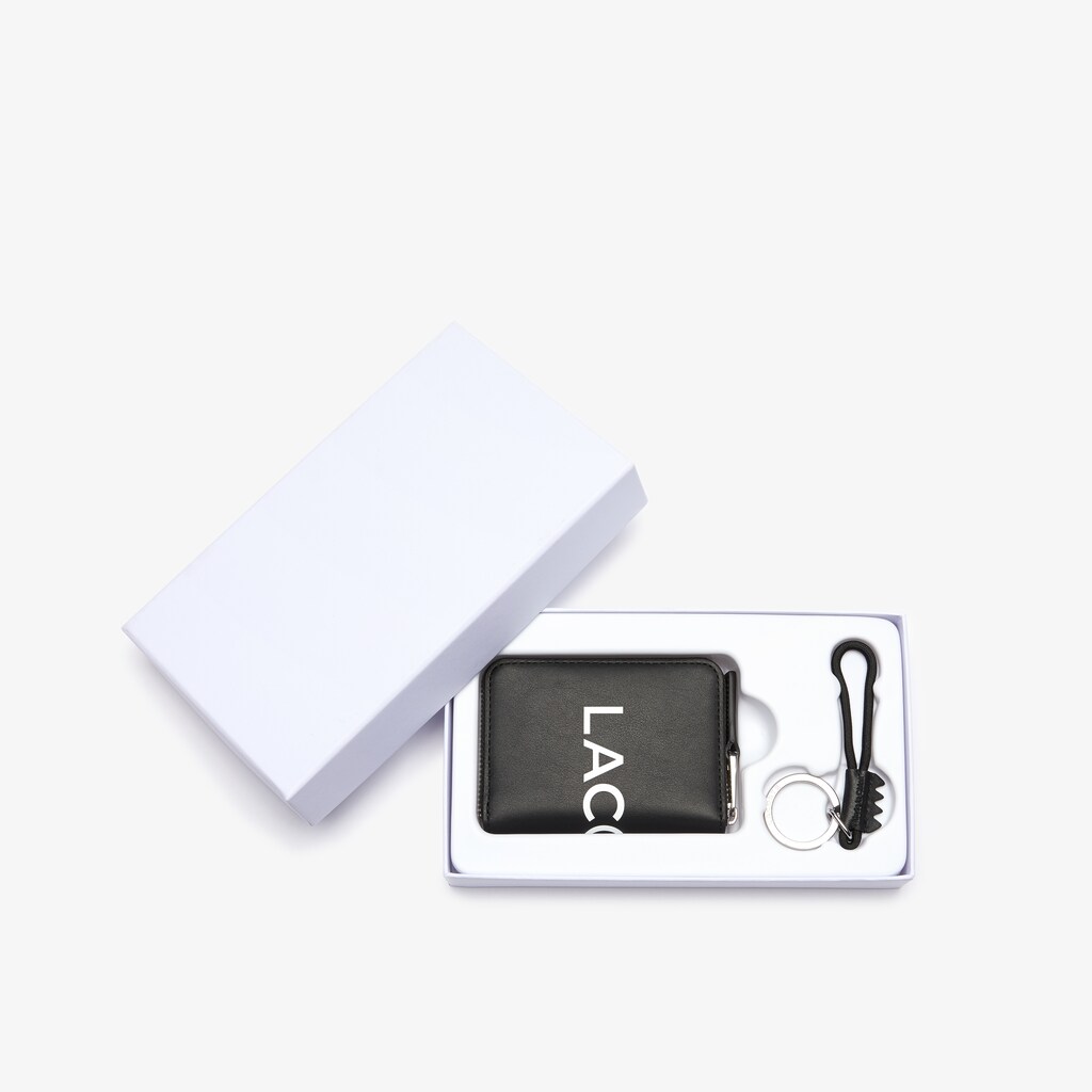 Men's Lacoste Black / White Bags L.12.12 Smooth Leather Wallet And Key Chain Gift Box QW3-15061C0