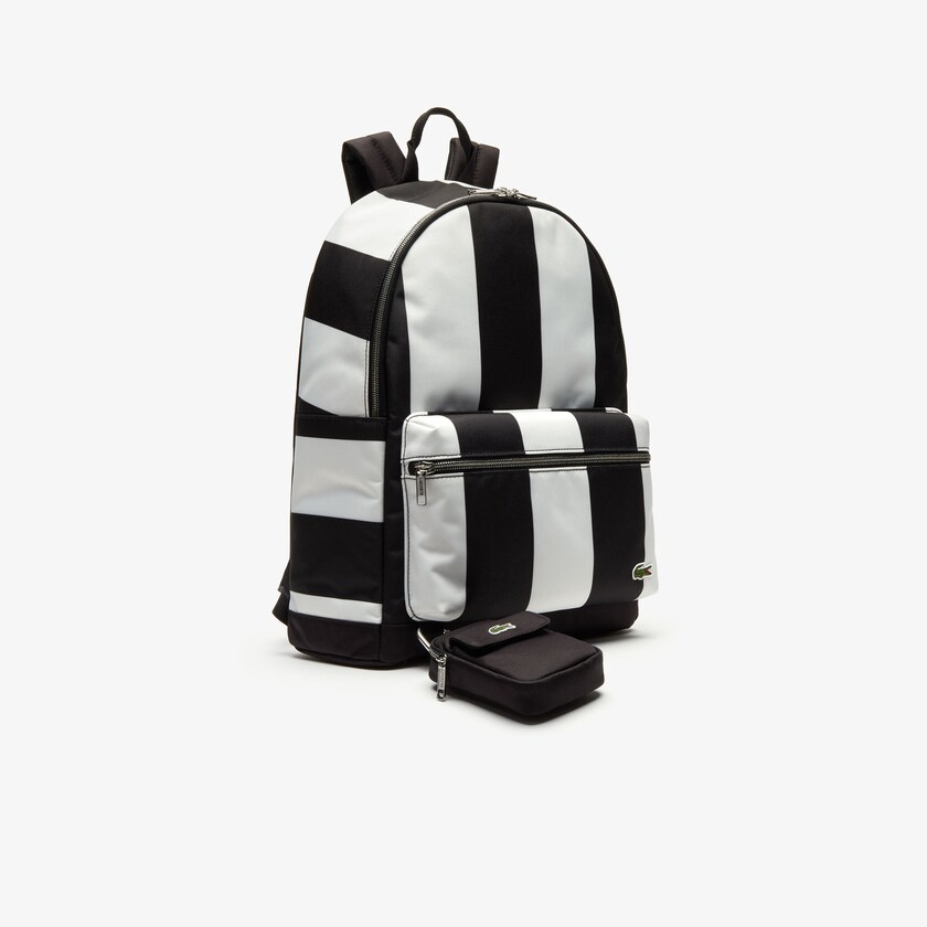 Men's Lacoste Black / White Backpacks LIVE Detachable Pouch Striped LR2-66626I0