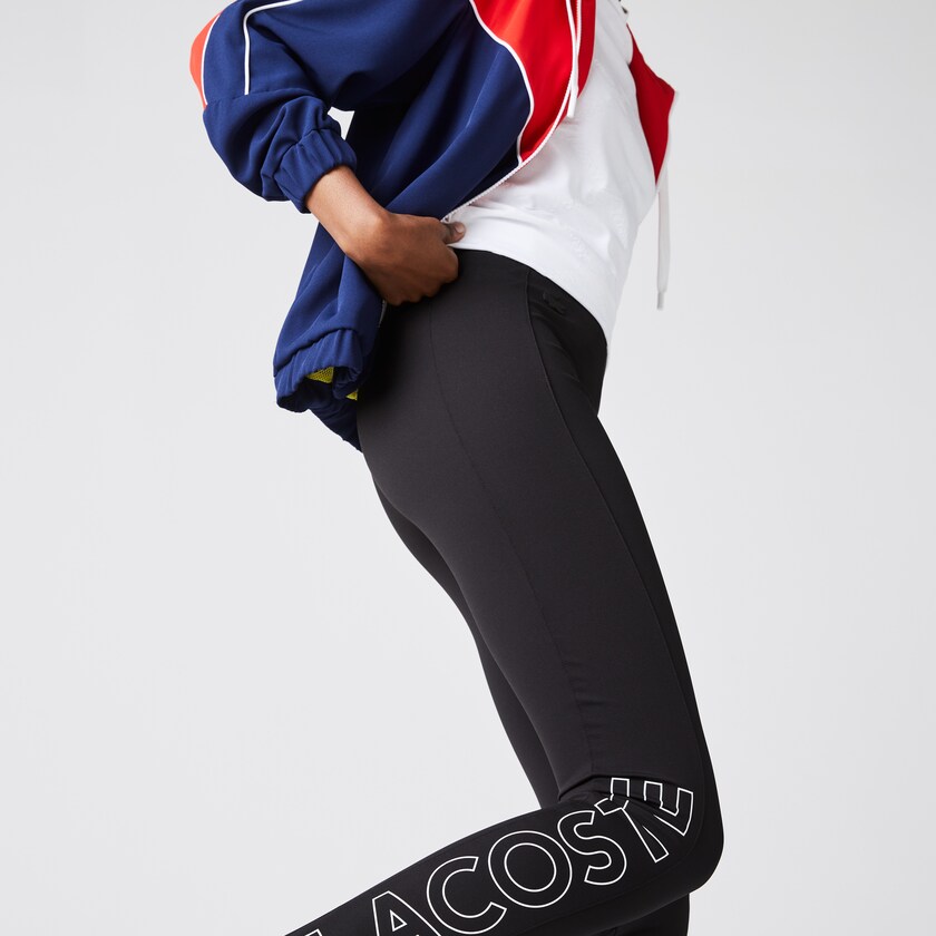 Women's Lacoste Black / White Pants LIVE Logo Printed Leggings OM8-71887T5