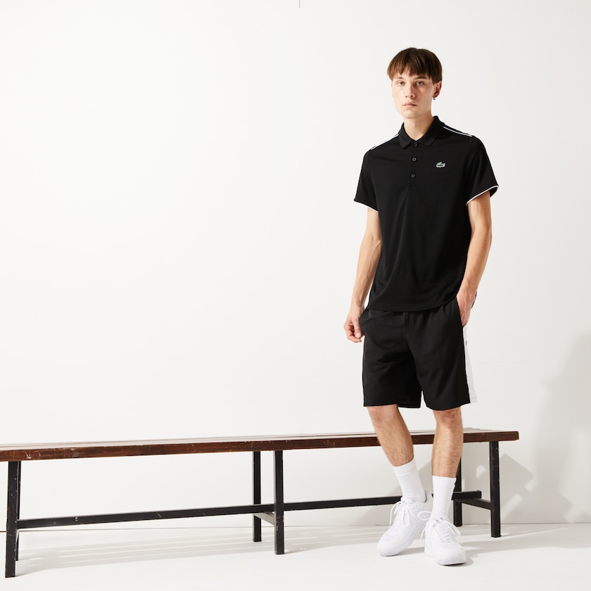 Men's Lacoste Black / White Shirts SPORT Contrast Piping Breathable Piqué Polo PR9-29992J1