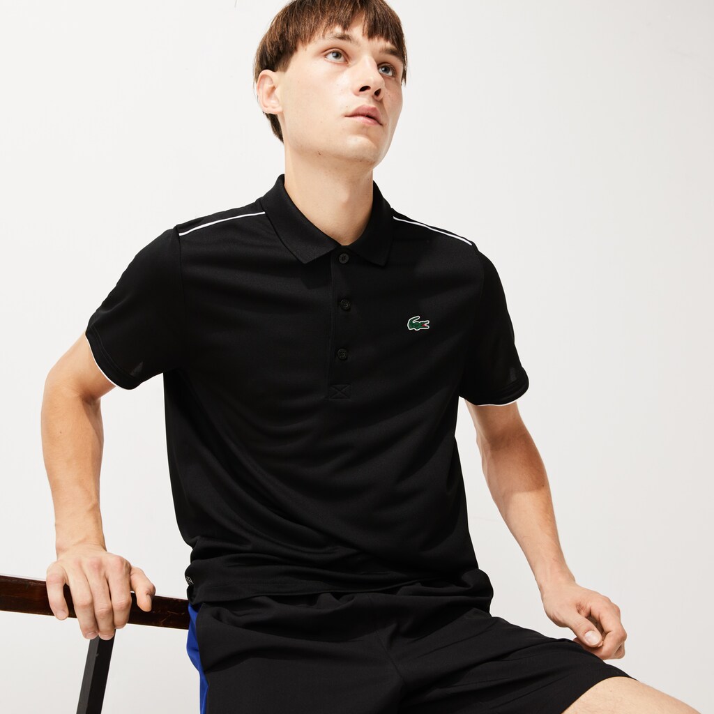 Men's Lacoste Black / White Polo Shirts SPORT Contrast Piping Breathable Piqué BR2-94559C5