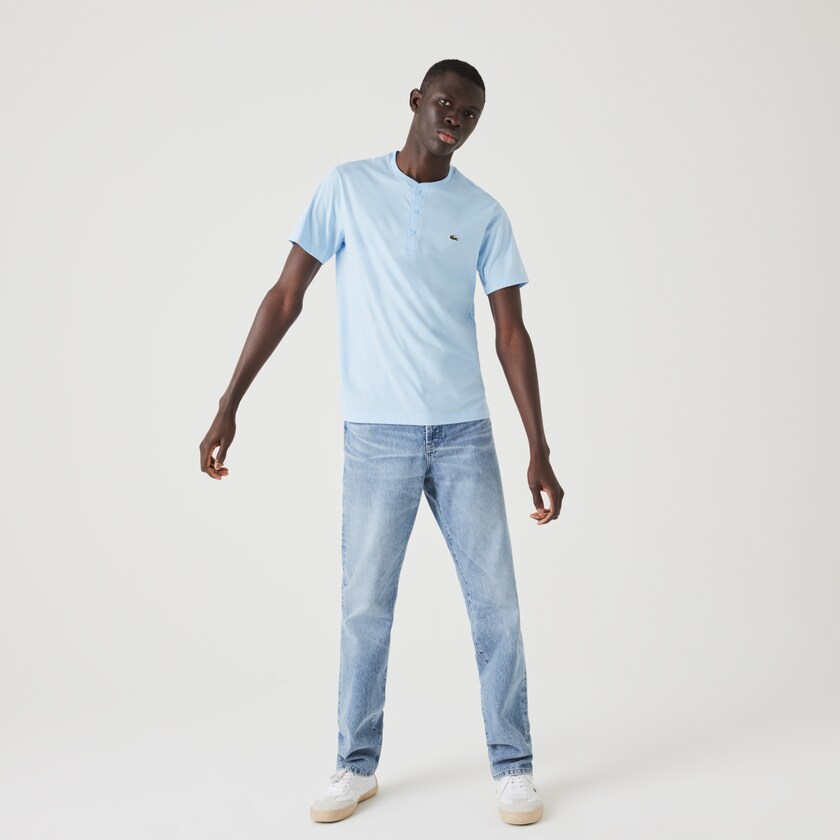 Men's Lacoste Blue T Shirts Henley Neck Pima Cotton Jersey PP8-83518A1
