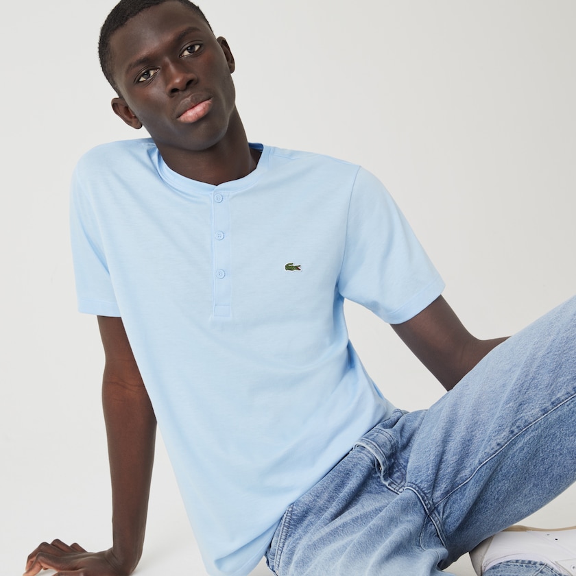 Men's Lacoste Blue T Shirts Henley Neck Pima Cotton Jersey PP8-83518A1