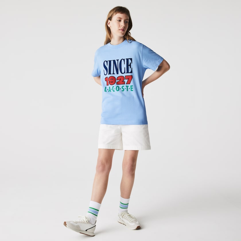 Women's Lacoste Blue T Shirts LIVE Printed Cotton MX0-41264A1