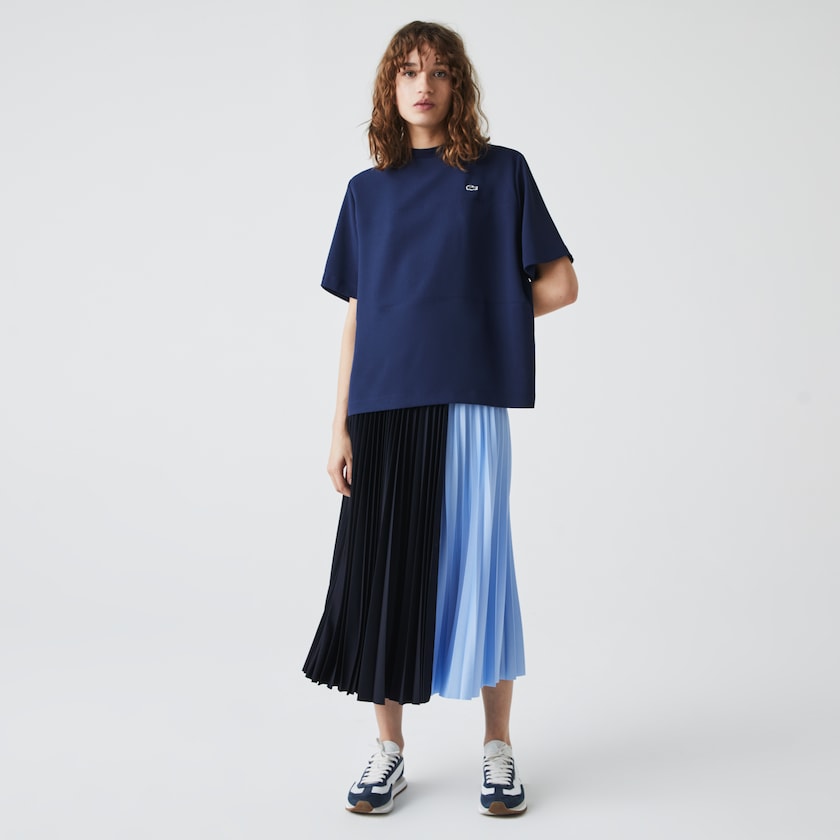 Women's Lacoste Blue T Shirts Paneled Crewneck MG8-10191V3