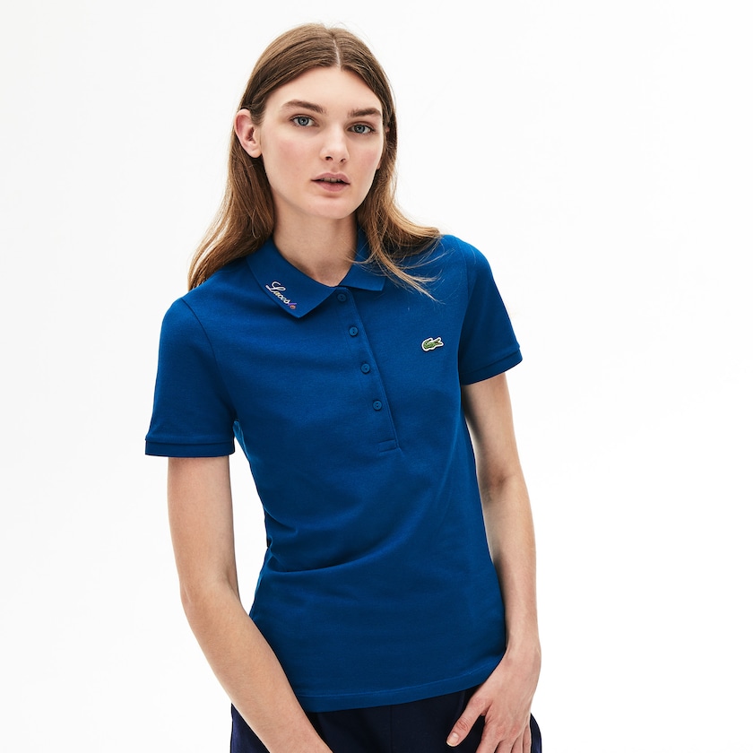 Women's Lacoste Blue Polo Shirts Rainbow Script Collar XW4-58455S1