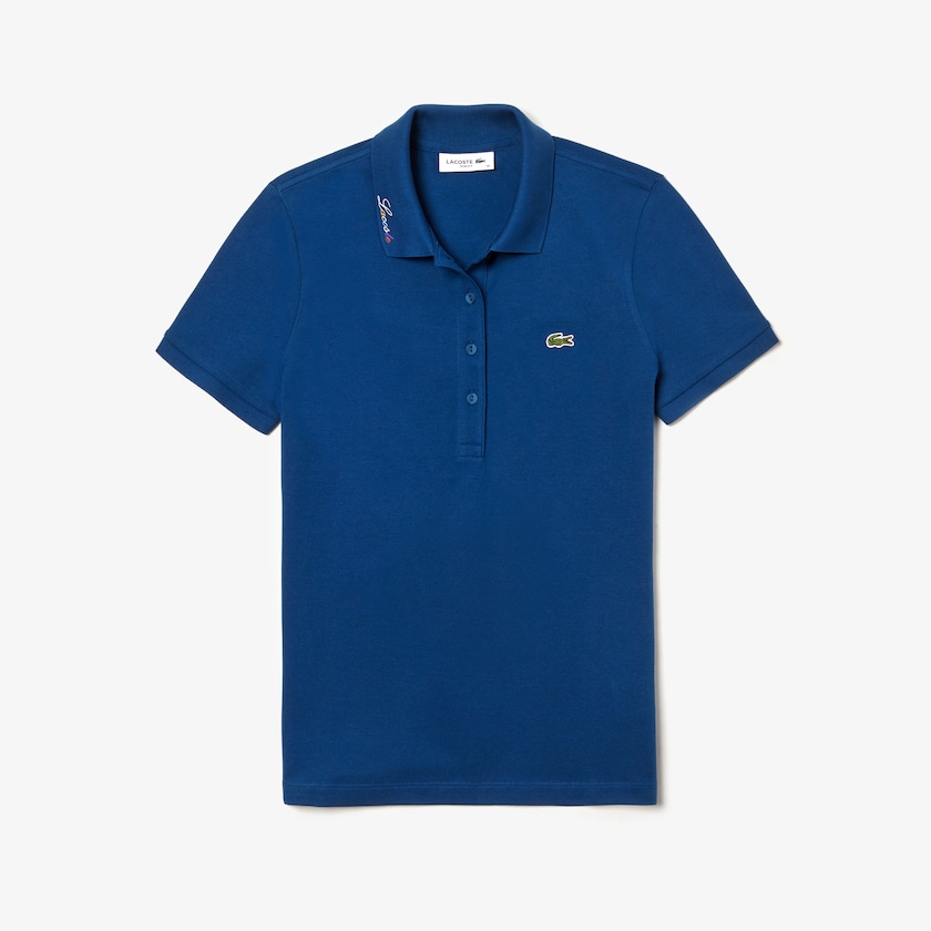 Women's Lacoste Blue Polo Shirts Rainbow Script Collar XW4-58455S1