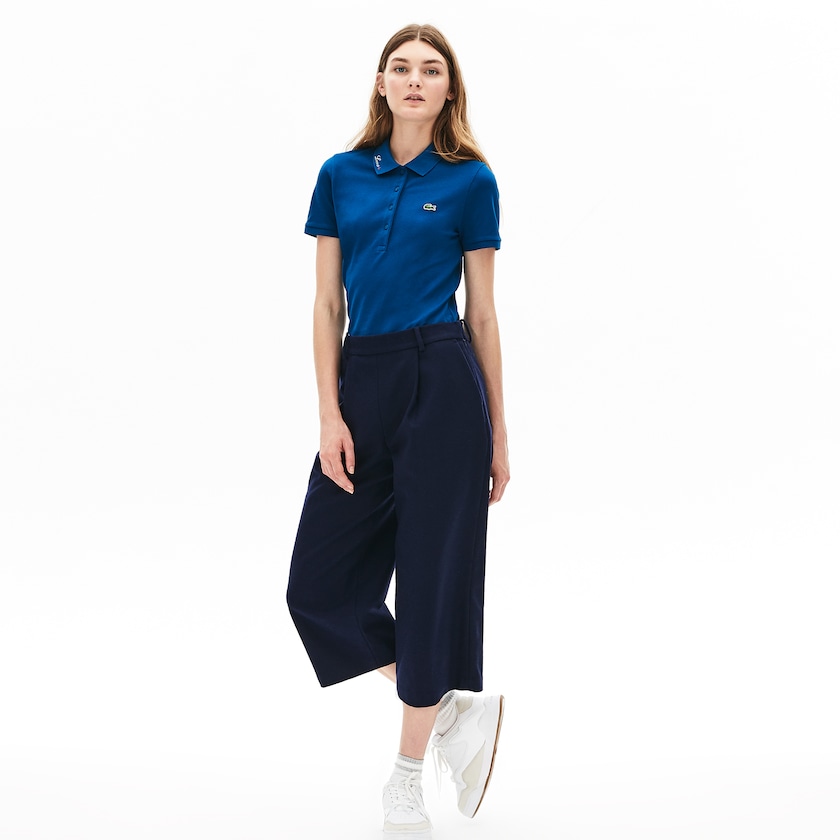 Women's Lacoste Blue Polo Shirts Rainbow Script Collar XW4-58455S1