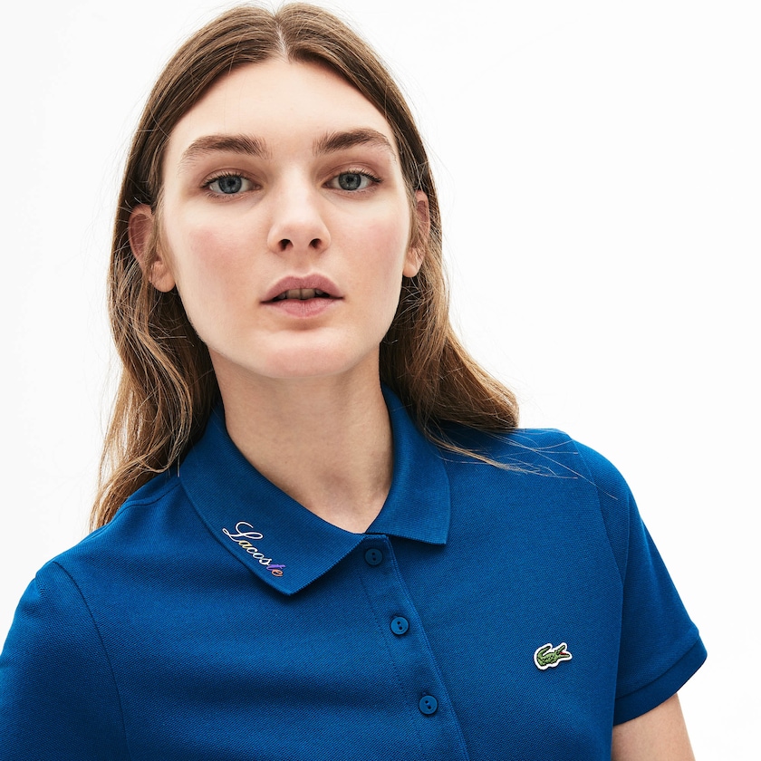 Women's Lacoste Blue Polo Shirts Rainbow Script Collar XW4-58455S1