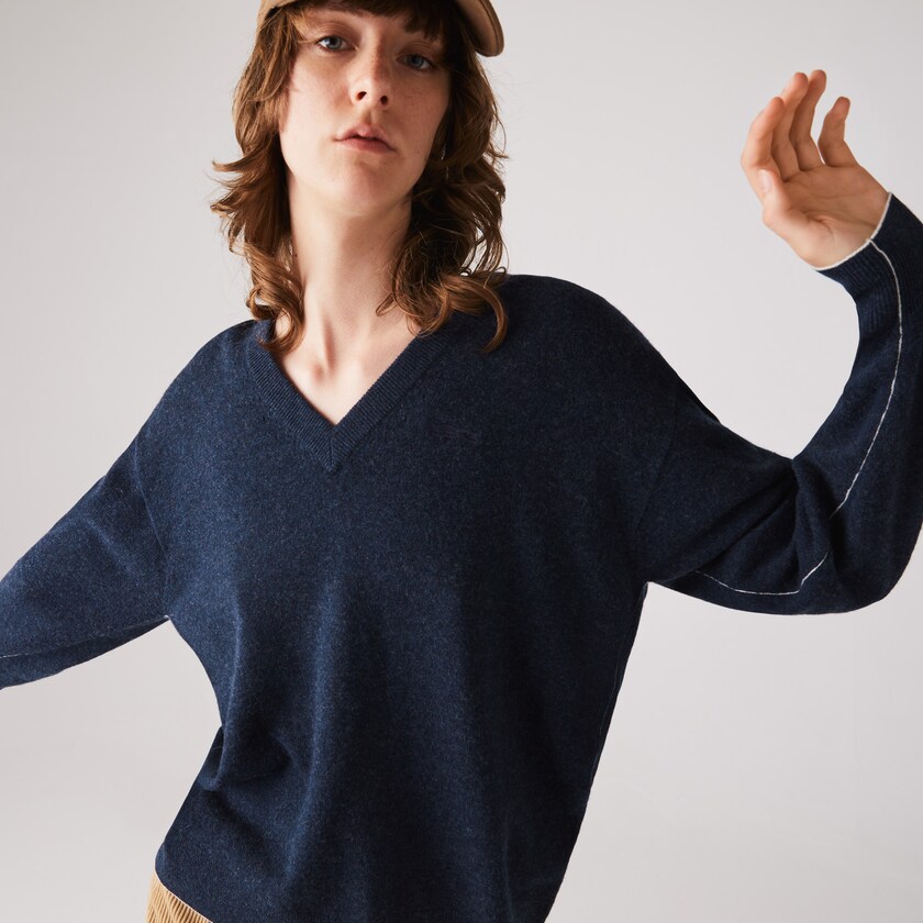 Women's Lacoste Blue Sweaters V-Neck Wool TY5-57005M9