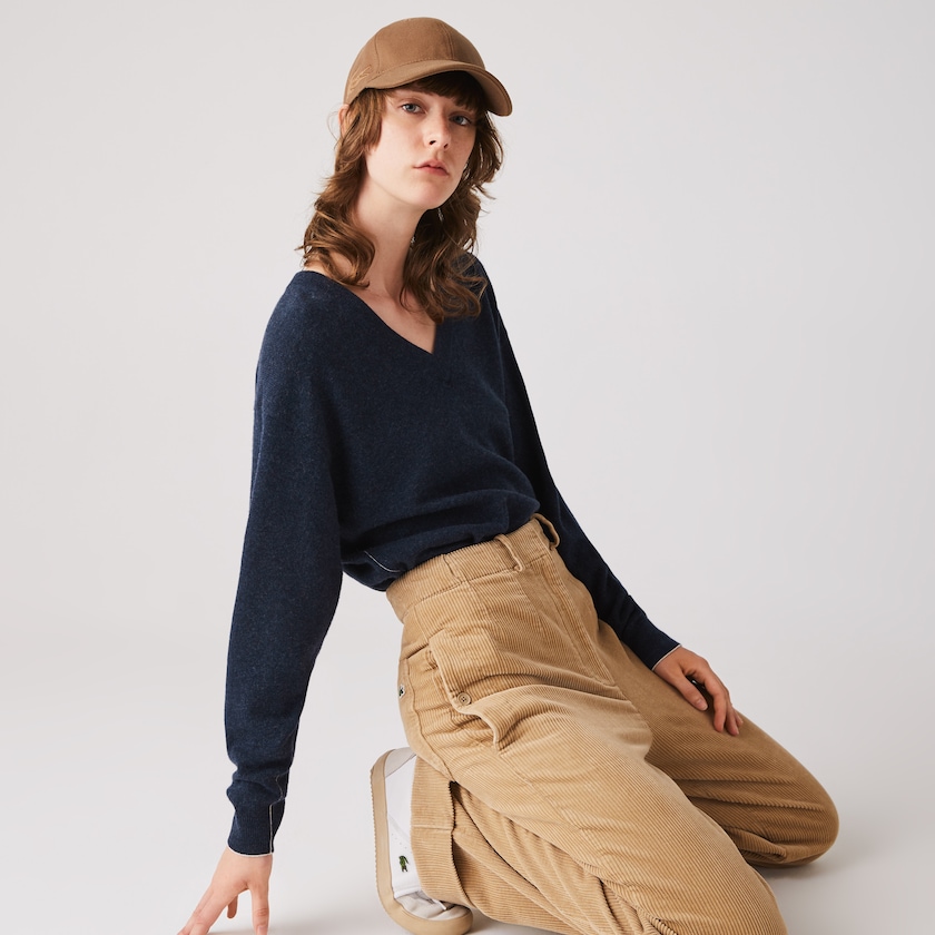 Women's Lacoste Blue Sweaters V-Neck Wool TY5-57005M9
